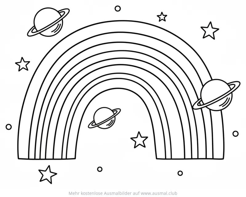Regenbogen mit Planeten und Sternen Ausmalbild