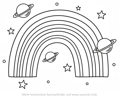 Regenbogen mit Planeten und Sternen Ausmalbild