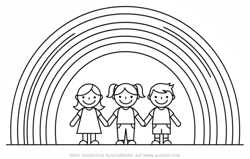 Regenbogen mit Kindern Hand in Hand Ausmalbild