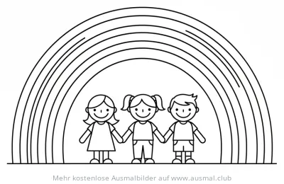 Regenbogen mit Kindern Hand in Hand Ausmalbild