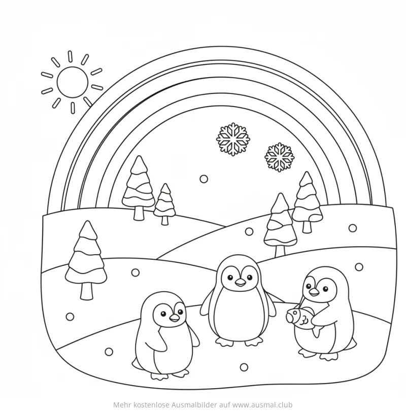 Pinguin Ausmalbild Winterlandschaft mit Regenbogen