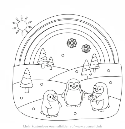 Pinguin Ausmalbild Winterlandschaft mit Regenbogen