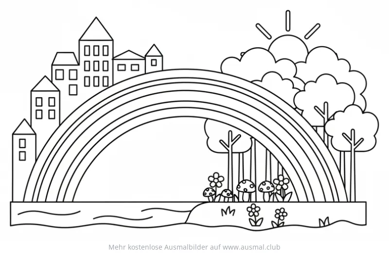 Regenbogen Ausmalbild mit Stadtwald, Bäumen, Blumen und Sonne