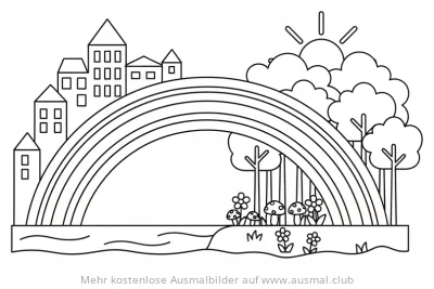Regenbogen Ausmalbild mit Stadtwald, Bäumen, Blumen und Sonne