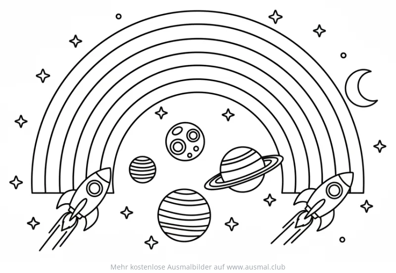 Regenbogen mit Raketen und Planeten Ausmalbild