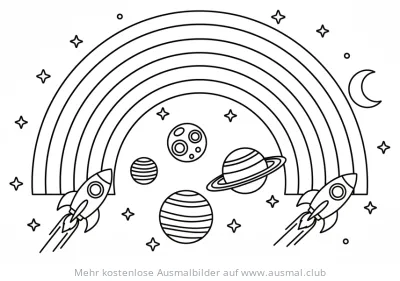 Regenbogen mit Raketen und Planeten Ausmalbild