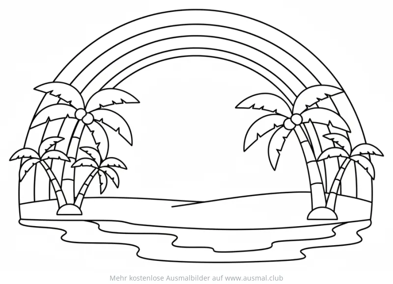Regenbogen Ausmalbild mit Palmen am Strand