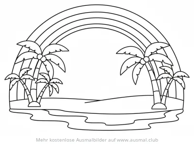 Regenbogen Ausmalbild mit Palmen am Strand