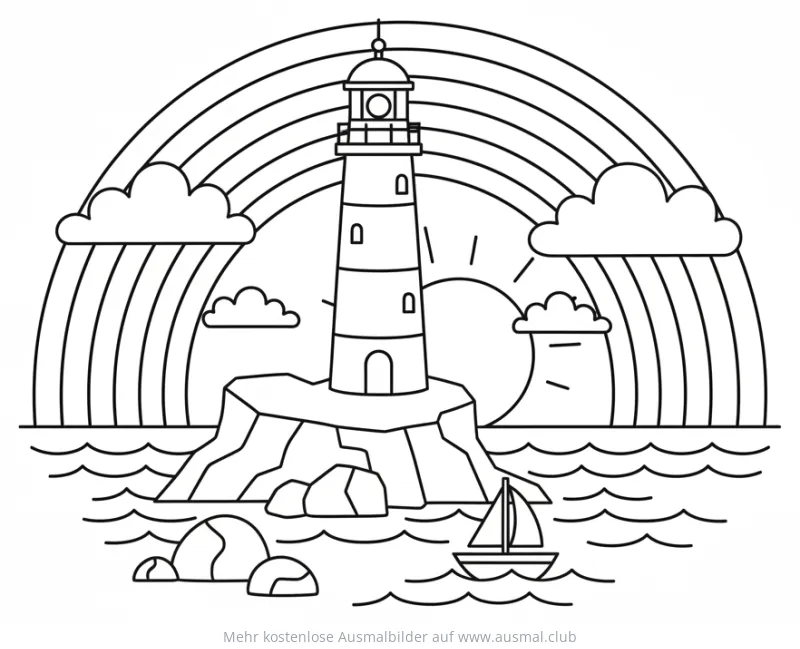 Leuchtturm mit Regenbogen und Segelboot Ausmalbild