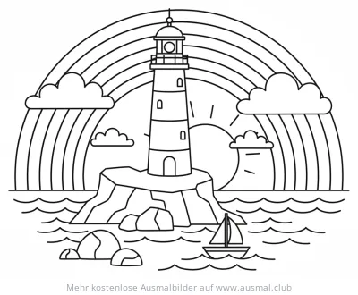 Leuchtturm mit Regenbogen und Segelboot Ausmalbild