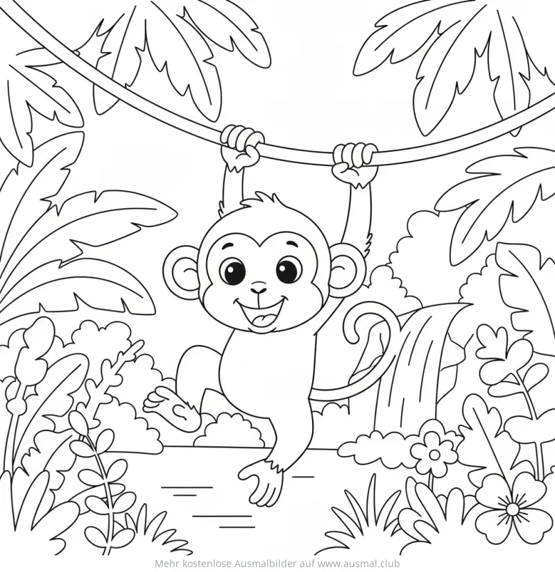 Affe schwingt an Liane im Dschungel Ausmalbild