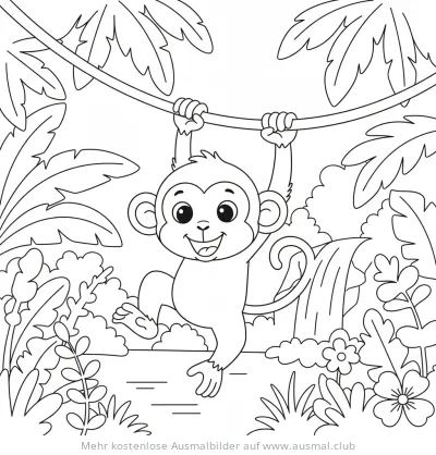 Affe schwingt an Liane im Dschungel Ausmalbild
