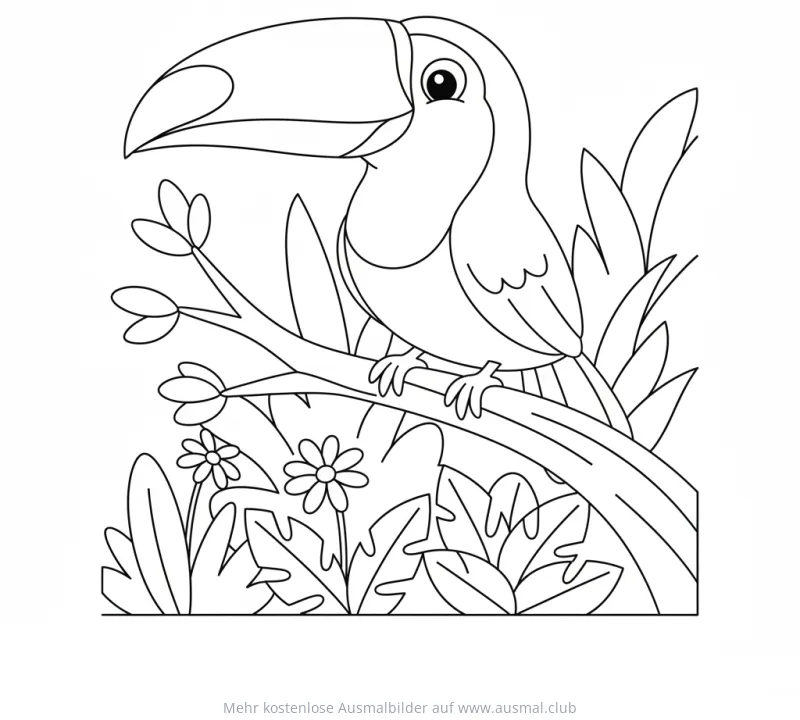 Tukan Ausmalbild auf Ast im Regenwald