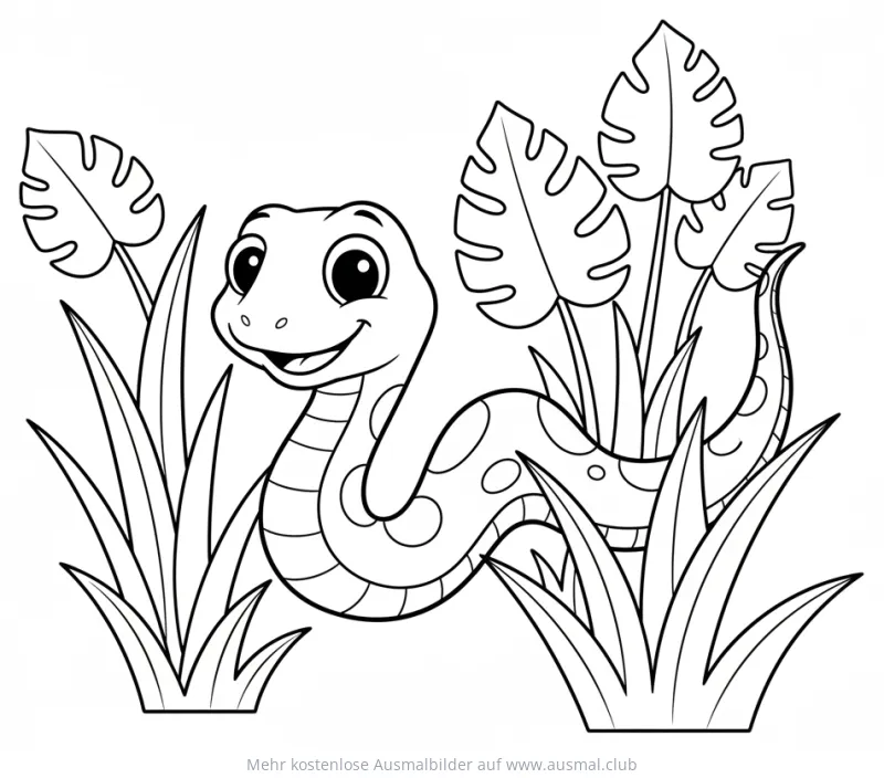 Freundliche Schlange zwischen Dschungel Pflanzen Ausmalbild