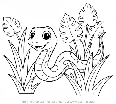 Freundliche Schlange zwischen Dschungel Pflanzen Ausmalbild