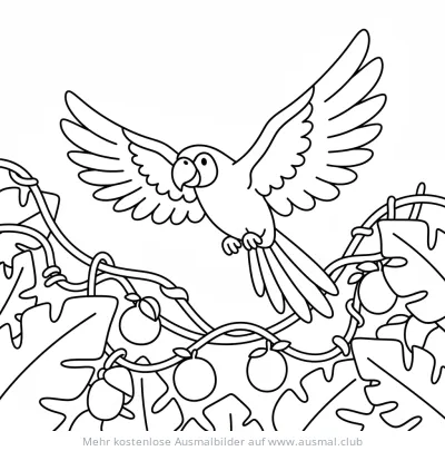 Papagei im Flug über Blätter und Früchte Ausmalbild