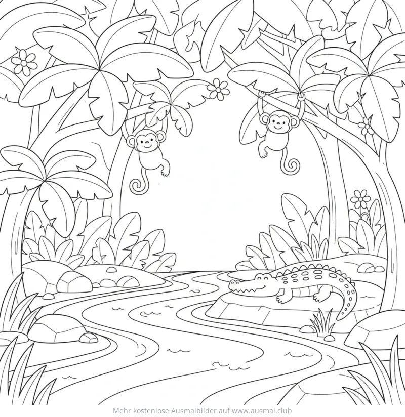 Fluss im Regenwald mit Affen und Alligator Ausmalbild