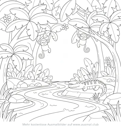 Fluss im Regenwald mit Affen und Alligator Ausmalbild