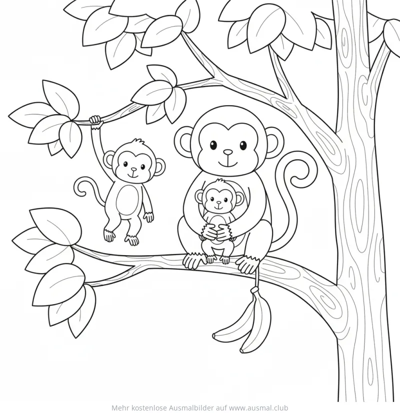 Affenfamilie (Mutter mit Baby, schwingendes Äffchen) auf Baum - Ausmalbild