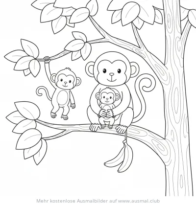 Affenfamilie (Mutter mit Baby, schwingendes Äffchen) auf Baum - Ausmalbild