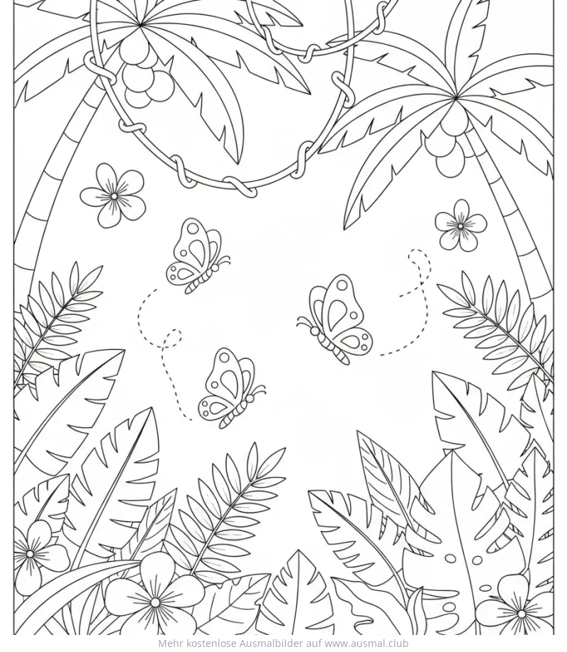 Drei Schmetterlinge im Regenwald Ausmalbild