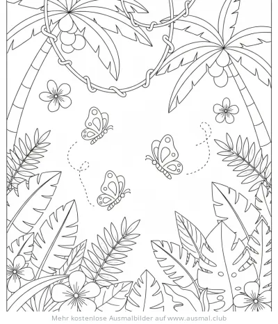 Drei Schmetterlinge im Regenwald Ausmalbild
