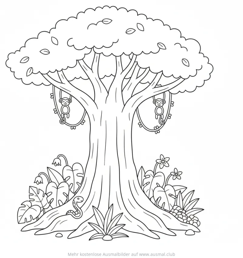 Kapokbaum mit Affen und Schlange Ausmalbild