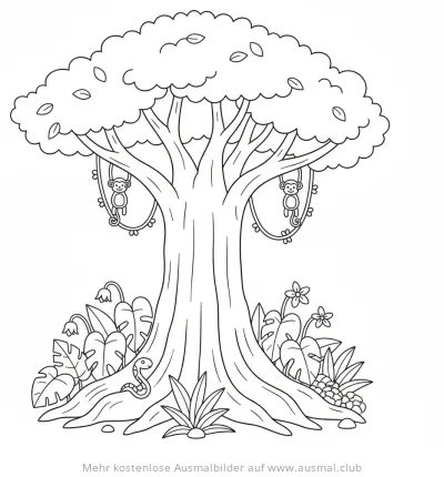 Kapokbaum mit Affen und Schlange Ausmalbild