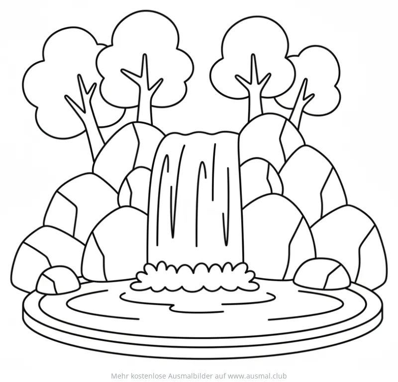 Wasserfall Ausmalbild mit Bäumen und Felsen
