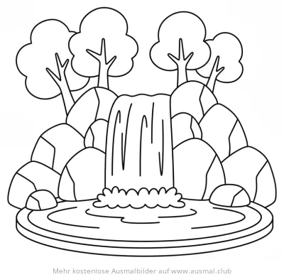 Wasserfall Ausmalbild mit Bäumen und Felsen