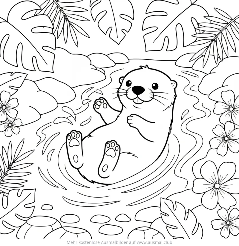 Otter schwimmt im Fluss, umgeben von Blättern und Blumen Ausmalbild