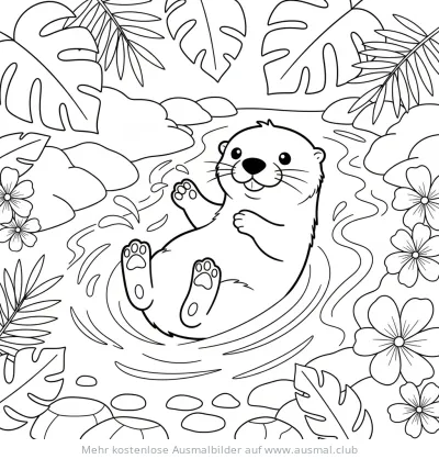 Otter schwimmt im Fluss, umgeben von Blättern und Blumen Ausmalbild