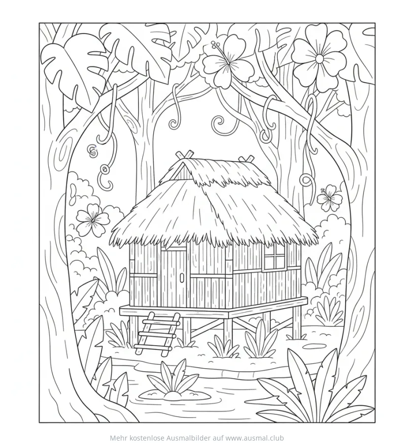 Regenwald Ausmalbild mit Hütte im Dschungel