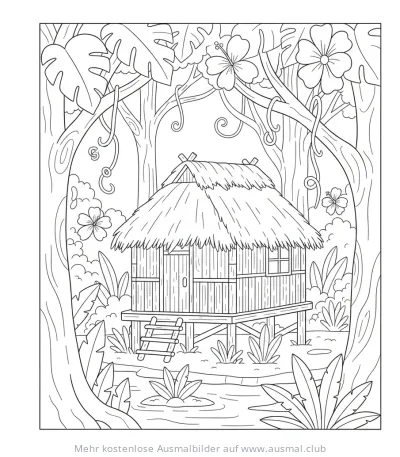 Regenwald Ausmalbild mit Hütte im Dschungel