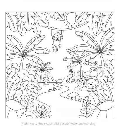 Dschungelpfad mit Affe, Löwe und Palmen Ausmalbild