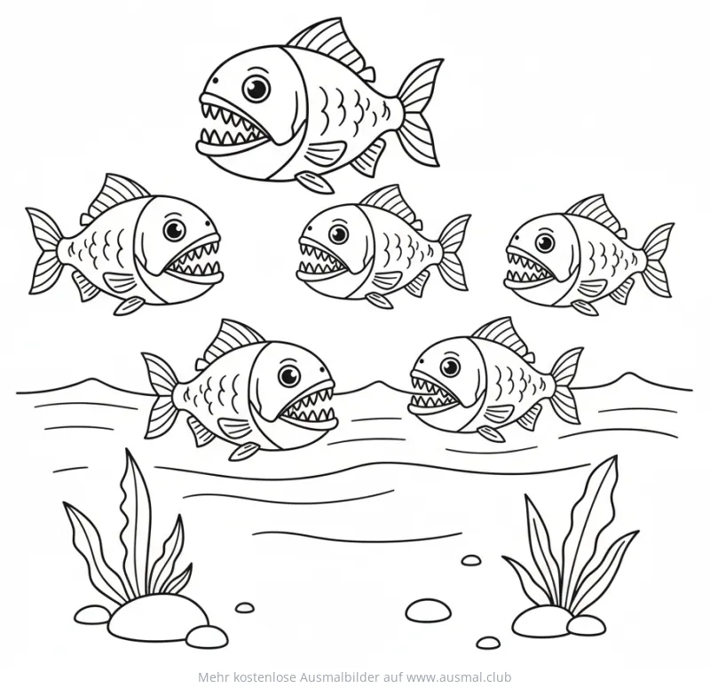 Piranhas Ausmalbild im Wasser mit Pflanzen