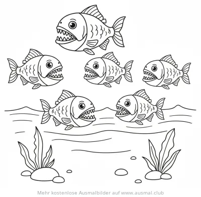 Piranhas Ausmalbild im Wasser mit Pflanzen
