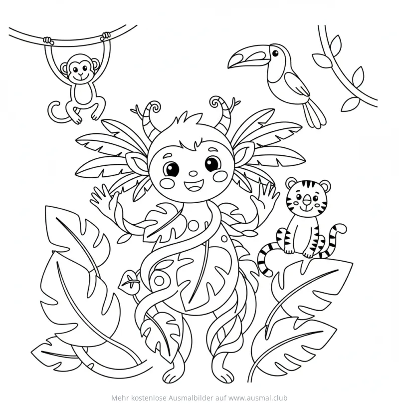 Dschungelgeist mit Affe, Tukan und Tiger im Regenwald Ausmalbild