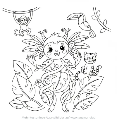 Dschungelgeist mit Affe, Tukan und Tiger im Regenwald Ausmalbild