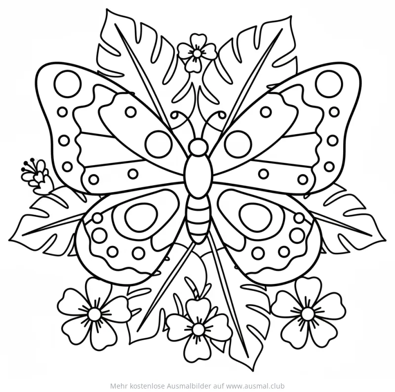 Schmetterling Ausmalbild mit Blättern und Blüten