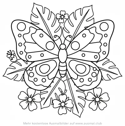Schmetterling Ausmalbild mit Blättern und Blüten
