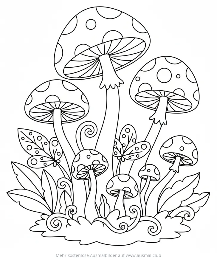 Dschungelpilze mit Punkten und Pflanzen Ausmalbild