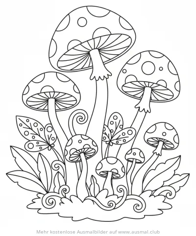 Dschungelpilze mit Punkten und Pflanzen Ausmalbild