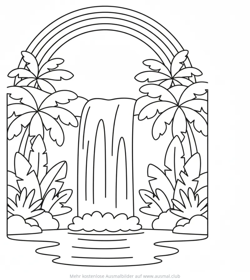 Regenbogen über Wasserfall im Dschungel, Ausmalbild