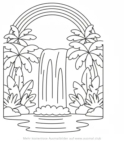 Regenbogen über Wasserfall im Dschungel, Ausmalbild