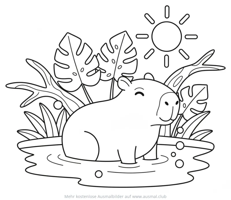 Capybara im Wasser mit Dschungelpflanzen Ausmalbild