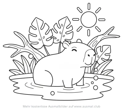 Capybara im Wasser mit Dschungelpflanzen Ausmalbild