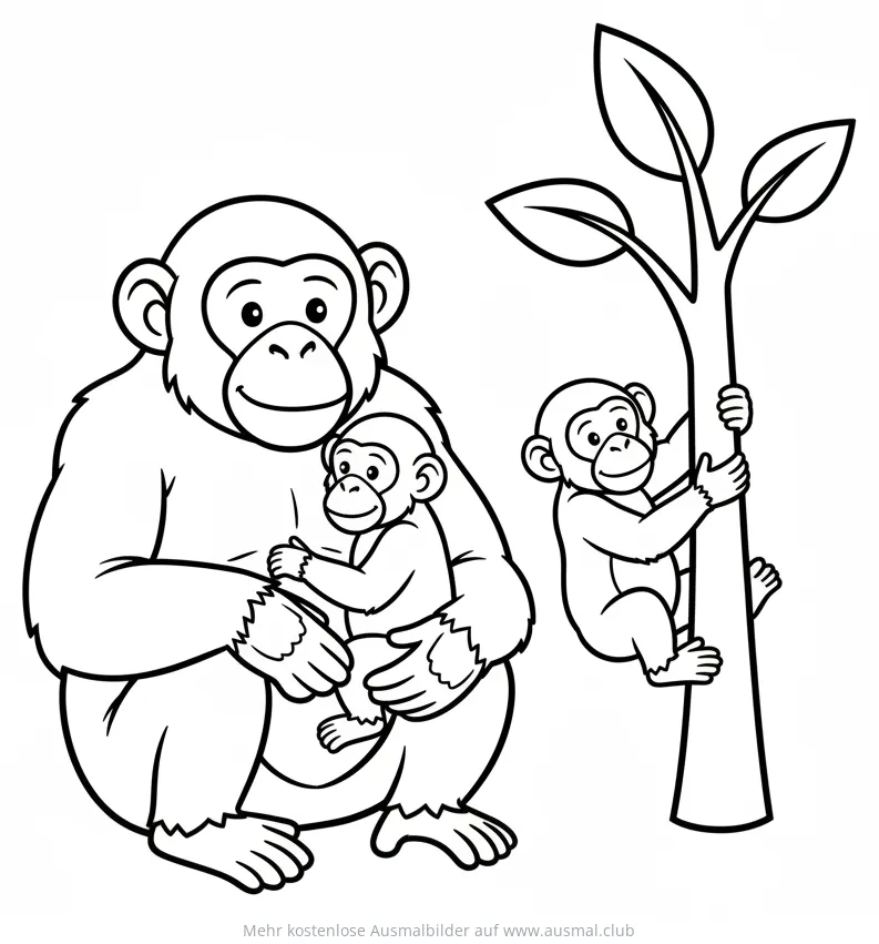 Schimpansen Familie Ausmalbild: Mutter mit Baby und kletternder Schimpanse