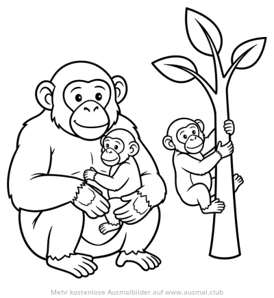 Schimpansen Familie Ausmalbild: Mutter mit Baby und kletternder Schimpanse