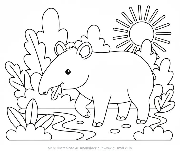 Tapir Ausmalbild im Dschungel mit Sonne